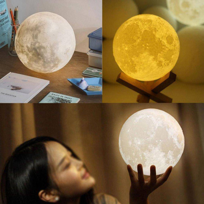 Rechargeable Remote Control With 3D Moon LED Lamp With Wood Stand & Touching