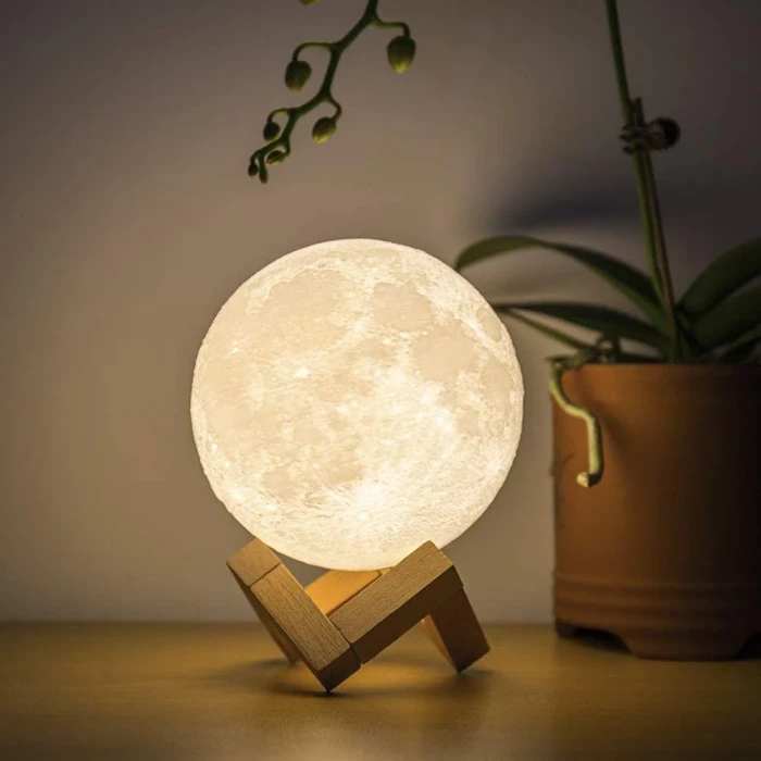 Rechargeable Remote Control With 3D Moon LED Lamp With Wood Stand & Touching