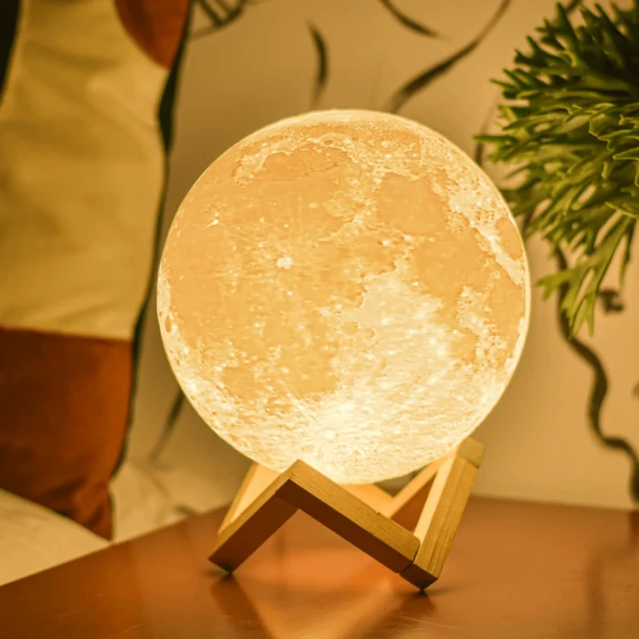 Rechargeable Remote Control With 3D Moon LED Lamp With Wood Stand & Touching