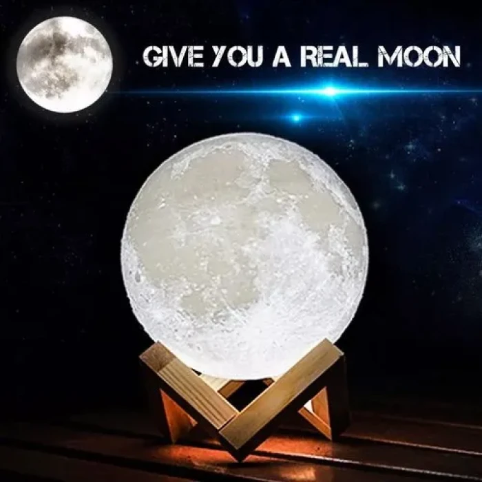 Rechargeable Remote Control With 3D Moon LED Lamp With Wood Stand & Touching