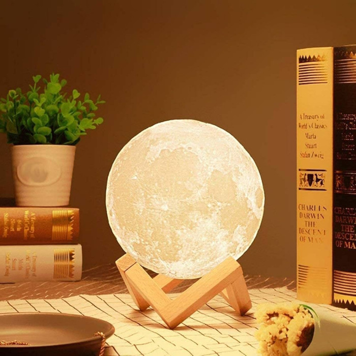 Rechargeable Remote Control With 3D Moon LED Lamp With Wood Stand & Touching