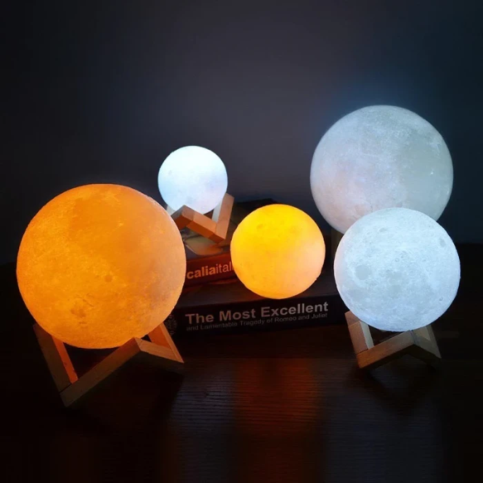 Rechargeable Remote Control With 3D Moon LED Lamp With Wood Stand & Touching