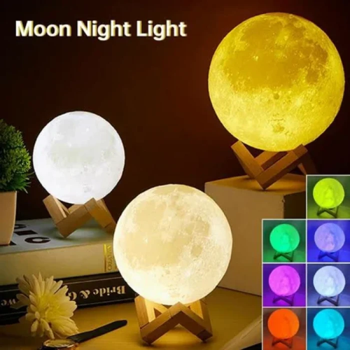 Rechargeable Remote Control With 3D Moon LED Lamp With Wood Stand & Touching
