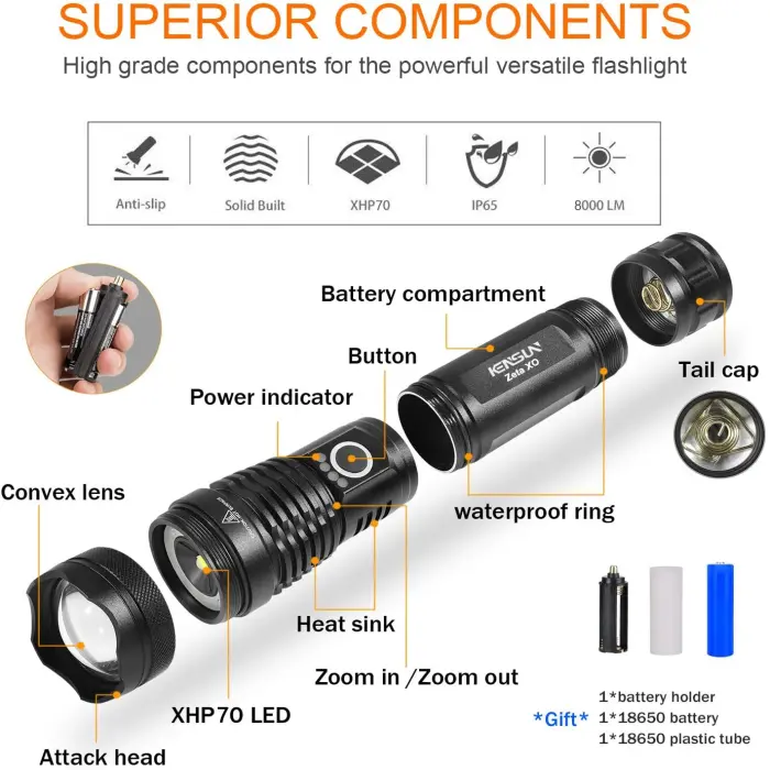 Rechargeable XHP50 Waterproof Zoom LED Flashlight USB Torch Light