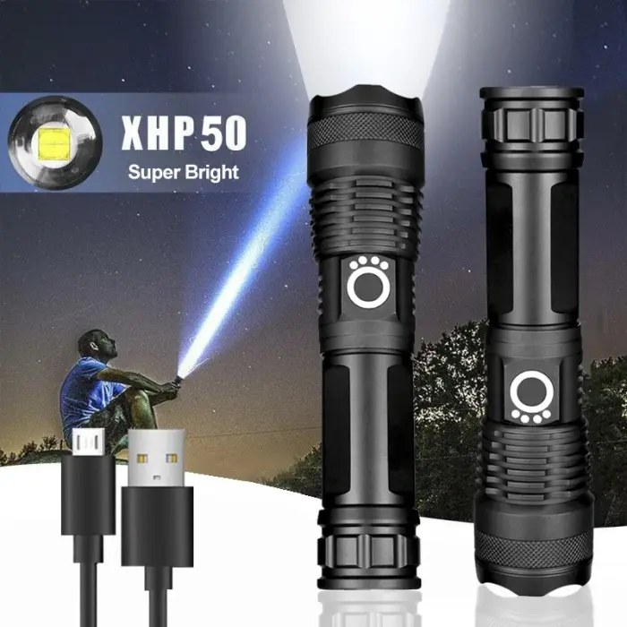 Rechargeable XHP50 Waterproof Zoom LED Flashlight USB Torch Light